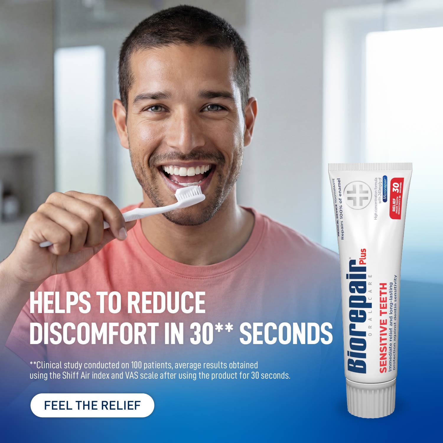 Biorepair Plus Sensitive Teeth toothpaste manufacturer image with a customer brushing