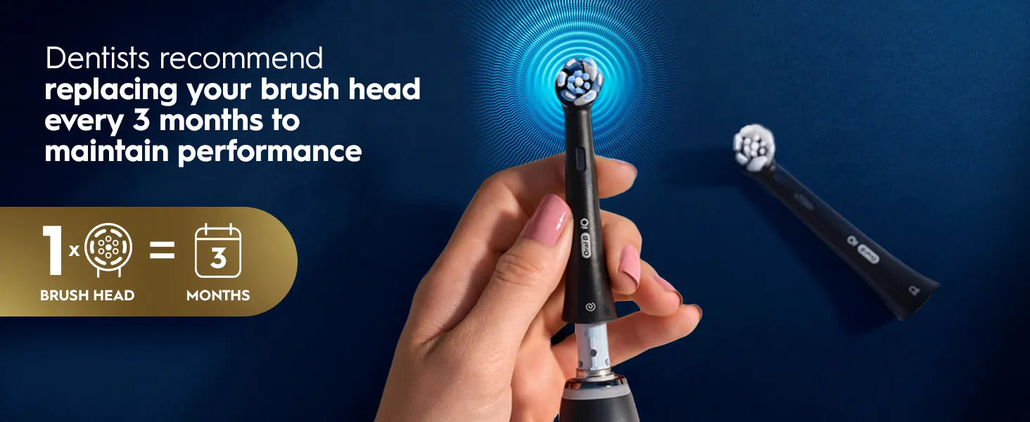 Oral-B iO replacement guidance showing new and worn indicator bristles