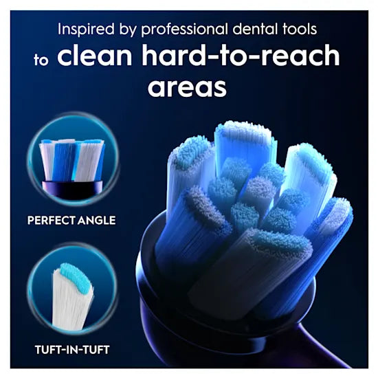Close-up of Oral-B iO Ultimate Clean angled and tuft-in-tuft bristle design