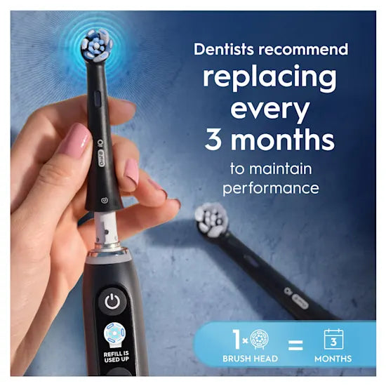 Oral-B iO Ultimate Clean replacement guidance showing new and worn indicator bristles