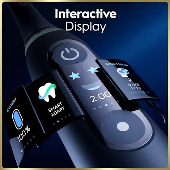 Oral-B iO9 interactive colour display showing timer, battery and brush-head reminder screens
